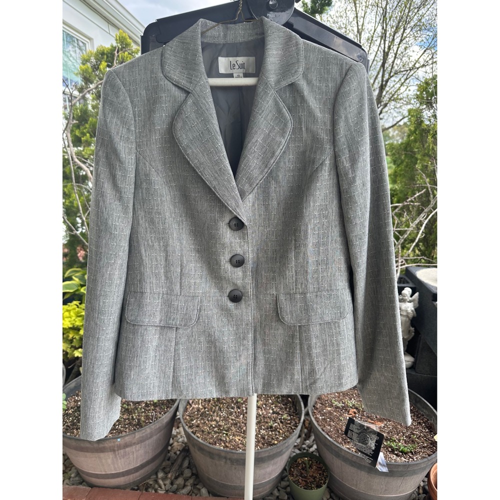 Le Suit Women's Grey Textured Grid 3-Button Blazer Jacket Size 10 Professional